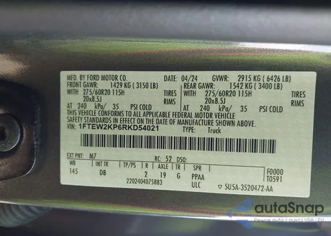 2024 Ford F150 Stx z USA, uszkodzony, nr VIN 1FTEW2KP6RKD54021